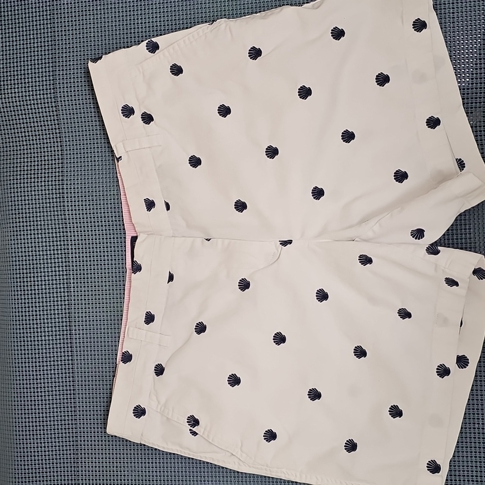 British Khaki White Shorts with Navy Shell Embroidered Pattern
